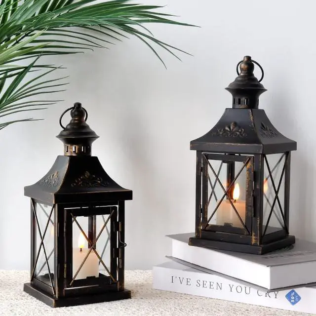 Alt view image 4 of 5 - Set of 2 Decorative Candle Lantern 11'' High Metal Candle Holder Hanging Lantern Perfect for Home Decor Halloween Living Room Parties Events Tabletop Indoors Outdoors (Black with Gold Brush)
