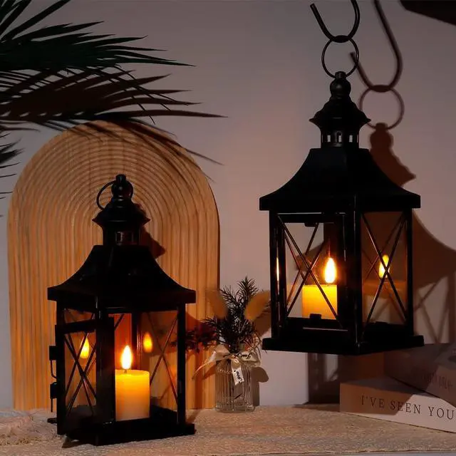 Alt view image 5 of 5 - Set of 2 Decorative Candle Lantern 11'' High Metal Candle Holder Hanging Lantern Perfect for Home Decor Halloween Living Room Parties Events Tabletop Indoors Outdoors (Black with Gold Brush)