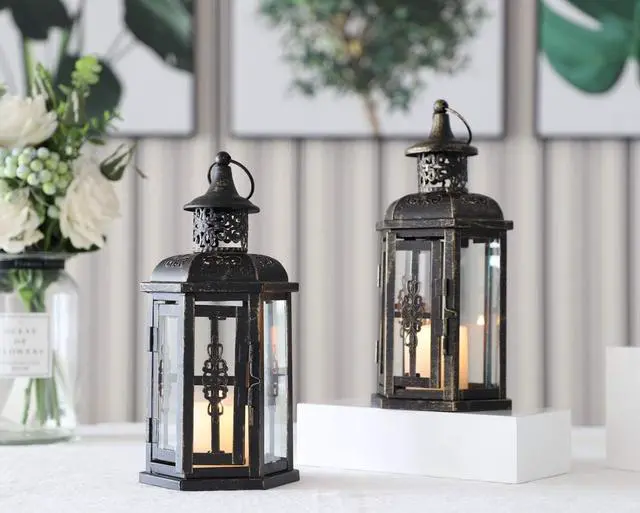 Alt view image 2 of 5 - JHY DESIGN Set of 2 Decorative Lanterns -10 inch High Vintage Style Hanging Lantern Metal Candleholder Black with Gold Brush