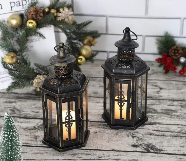 Alt view image 3 of 5 - JHY DESIGN Set of 2 Decorative Lanterns -10 inch High Vintage Style Hanging Lantern Metal Candleholder Black with Gold Brush