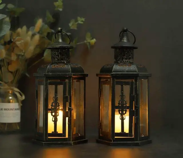 Alt view image 4 of 5 - JHY DESIGN Set of 2 Decorative Lanterns -10 inch High Vintage Style Hanging Lantern Metal Candleholder Black with Gold Brush