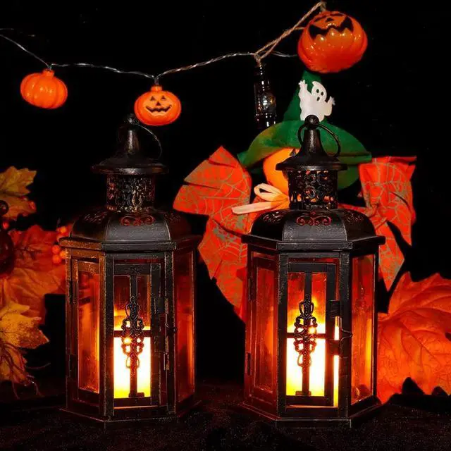 Alt view image 5 of 5 - JHY DESIGN Set of 2 Decorative Lanterns -10 inch High Vintage Style Hanging Lantern Metal Candleholder Black with Gold Brush