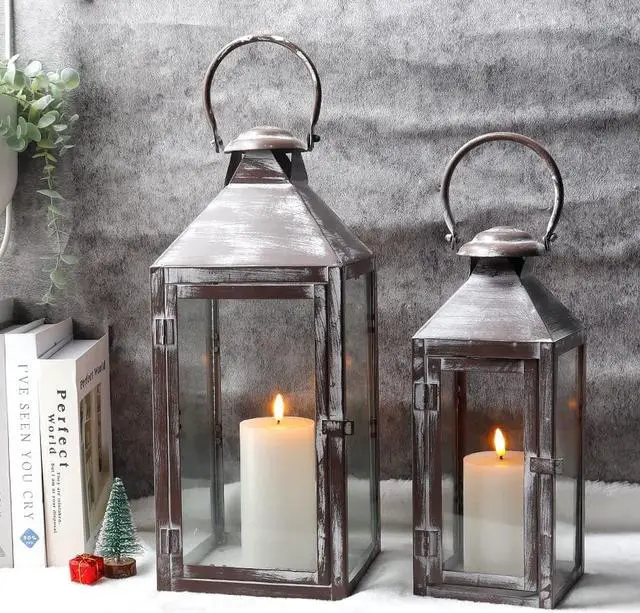 Alt view image 4 of 6 - JHY DESIGN Set of 2 Antique Grey Brush Decorative Lanterns 17.5inch&13.5inch Metal Candle Lanterns for Indoor Outdoor Events Paritie and Weddings Vintage Style Hanging Lantern