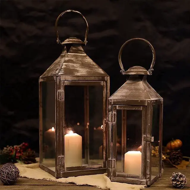 Alt view image 5 of 6 - JHY DESIGN Set of 2 Antique Grey Brush Decorative Lanterns 17.5inch&13.5inch Metal Candle Lanterns for Indoor Outdoor Events Paritie and Weddings Vintage Style Hanging Lantern