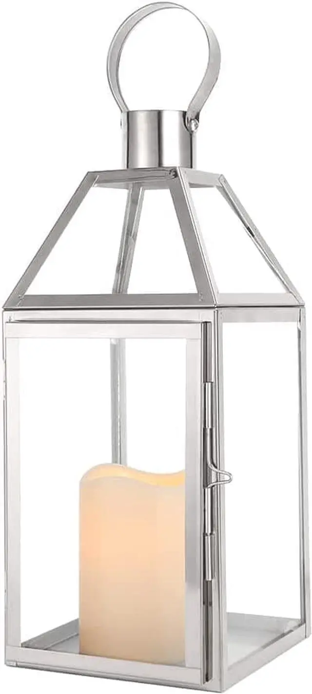 Alt view image 2 of 6 - JHY Design Silver Decorative Lanterns 16inch High Stainless Steel Candle Lanterns with Tempered Glass for Indoor Outdoor Events Parities and Weddings