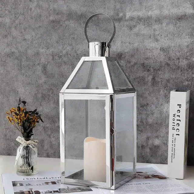 Alt view image 4 of 6 - JHY Design Silver Decorative Lanterns 16inch High Stainless Steel Candle Lanterns with Tempered Glass for Indoor Outdoor Events Parities and Weddings