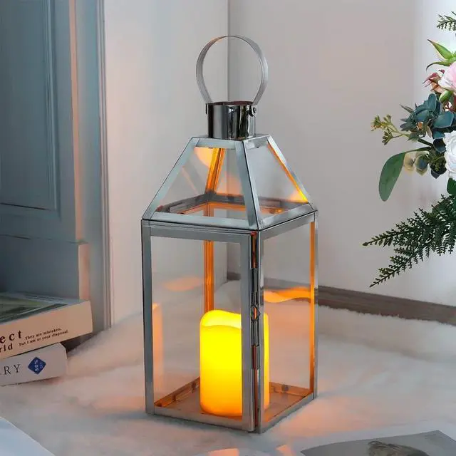Alt view image 5 of 6 - JHY Design Silver Decorative Lanterns 16inch High Stainless Steel Candle Lanterns with Tempered Glass for Indoor Outdoor Events Parities and Weddings