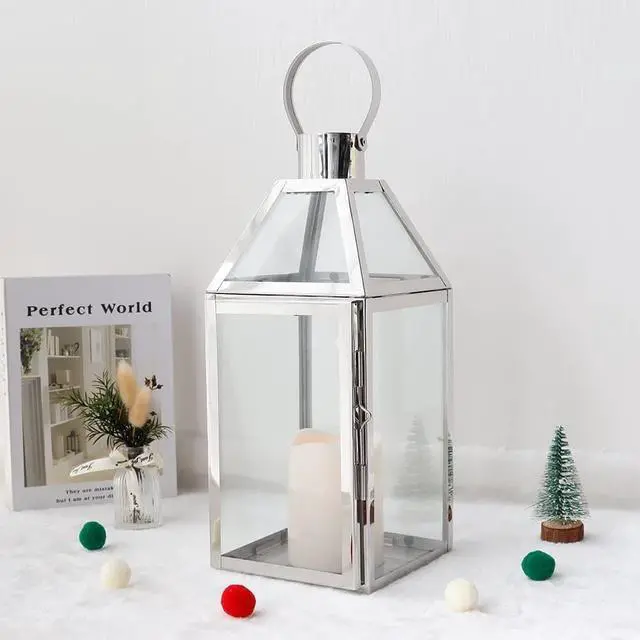 Alt view image 6 of 6 - JHY Design Silver Decorative Lanterns 16inch High Stainless Steel Candle Lanterns with Tempered Glass for Indoor Outdoor Events Parities and Weddings