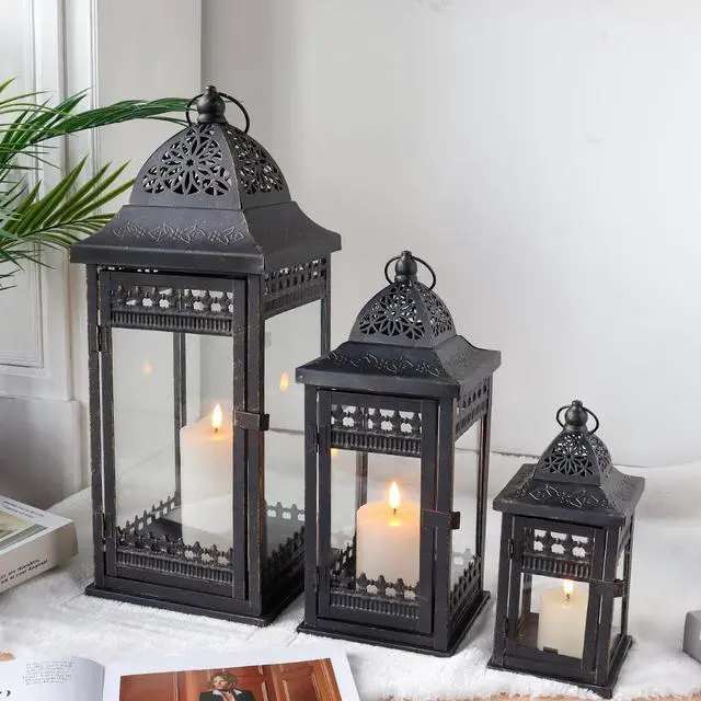 Alt view image 5 of 7 - JHY DESIGN Set of 3 Decorative Candle Lanterns20&14.5"&9.5" High Vintage Style Hanging Lantern, Metal Candleholder for Indoor Outdoor, Events, Parities and WeddingsBlack with Gold Brush