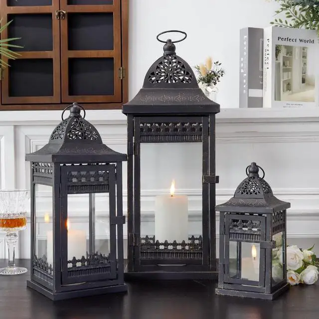 Alt view image 3 of 7 - JHY DESIGN Set of 3 Decorative Candle Lanterns20&14.5"&9.5" High Vintage Style Hanging Lantern, Metal Candleholder for Indoor Outdoor, Events, Parities and WeddingsBlack with Gold Brush