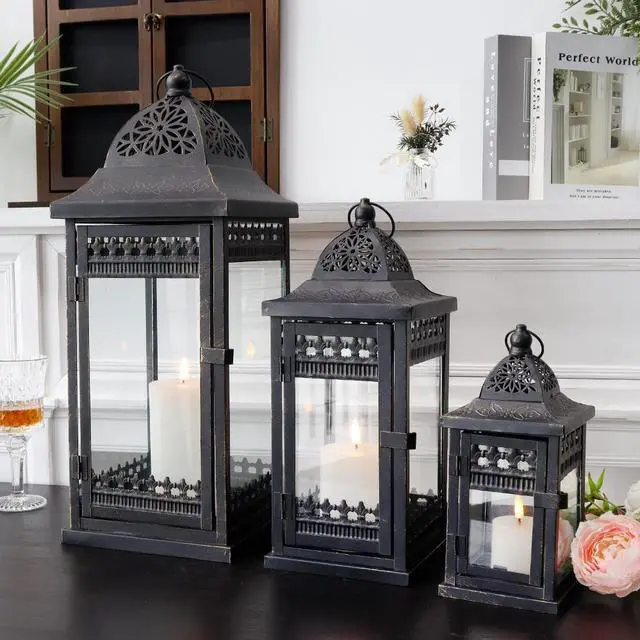 Alt view image 2 of 7 - JHY DESIGN Set of 3 Decorative Candle Lanterns20&14.5"&9.5" High Vintage Style Hanging Lantern, Metal Candleholder for Indoor Outdoor, Events, Parities and WeddingsBlack with Gold Brush