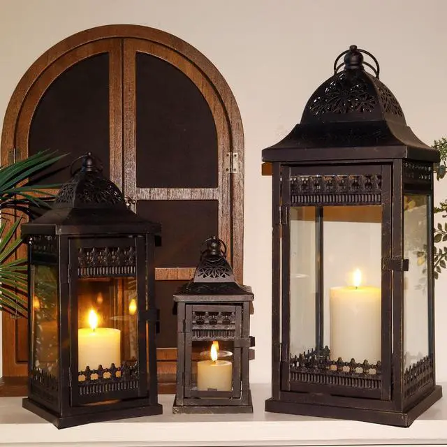 Alt view image 6 of 7 - JHY DESIGN Set of 3 Decorative Candle Lanterns20&14.5"&9.5" High Vintage Style Hanging Lantern, Metal Candleholder for Indoor Outdoor, Events, Parities and WeddingsBlack with Gold Brush