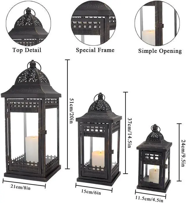 Alt view image 7 of 7 - JHY DESIGN Set of 3 Decorative Candle Lanterns20&14.5"&9.5" High Vintage Style Hanging Lantern, Metal Candleholder for Indoor Outdoor, Events, Parities and WeddingsBlack with Gold Brush