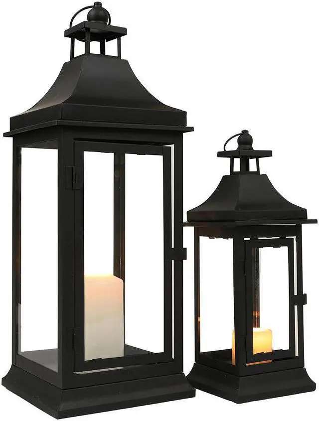 Alt view image 5 of 5 - JHY DESIGN Set of 2 13''&19.5''Tall Outdoor Candle Lanterns Vintage Hanging Tower Lantern Metal Candle Holder for Garden Living Room Indoor Outdoor Parties Weddings Balcony(Black)