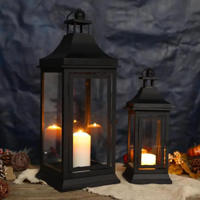 Alt view image 2 of 5 - JHY DESIGN Set of 2 13''&19.5''Tall Outdoor Candle Lanterns Vintage Hanging Tower Lantern Metal Candle Holder for Garden Living Room Indoor Outdoor Parties Weddings Balcony(Black)