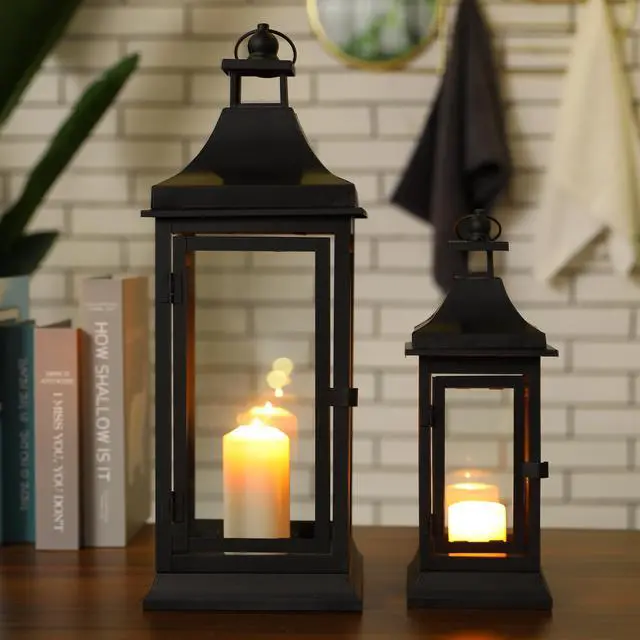 Alt view image 3 of 5 - JHY DESIGN Set of 2 13''&19.5''Tall Outdoor Candle Lanterns Vintage Hanging Tower Lantern Metal Candle Holder for Garden Living Room Indoor Outdoor Parties Weddings Balcony(Black)