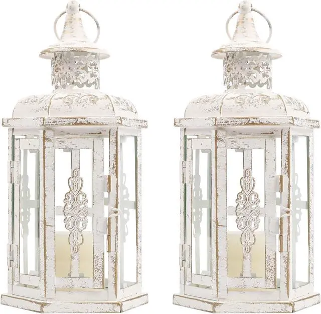 Alt view image 2 of 7 - JHY DESIGN Set of 2 Decorative Lanterns -10inch High Vintage Style Hanging Lantern Metal Candleholder White with Gold Brush