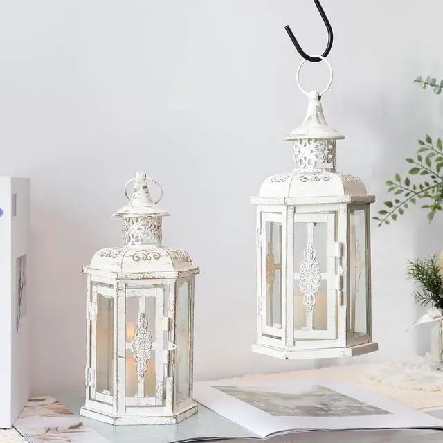 Alt view image 4 of 7 - JHY DESIGN Set of 2 Decorative Lanterns -10inch High Vintage Style Hanging Lantern Metal Candleholder White with Gold Brush
