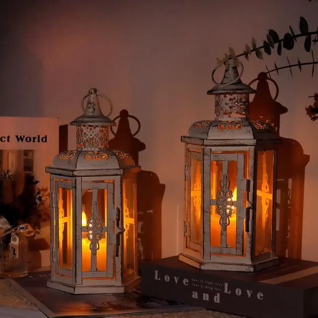 Alt view image 3 of 7 - JHY DESIGN Set of 2 Decorative Lanterns -10inch High Vintage Style Hanging Lantern Metal Candleholder White with Gold Brush