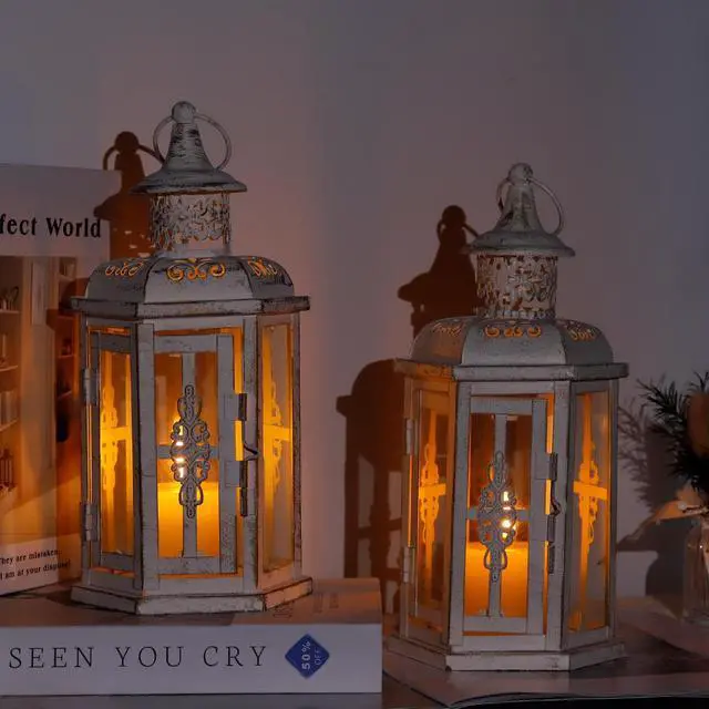 Alt view image 7 of 7 - JHY DESIGN Set of 2 Decorative Lanterns -10inch High Vintage Style Hanging Lantern Metal Candleholder White with Gold Brush
