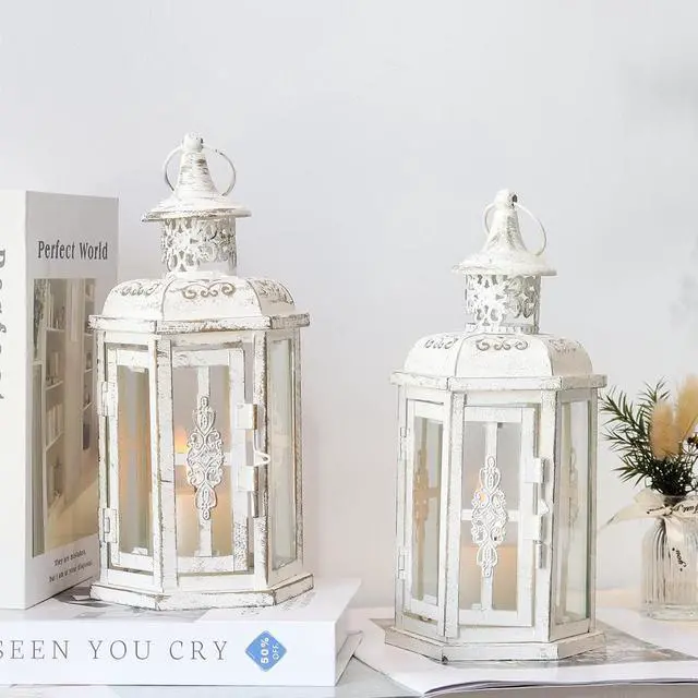 Alt view image 5 of 7 - JHY DESIGN Set of 2 Decorative Lanterns -10inch High Vintage Style Hanging Lantern Metal Candleholder White with Gold Brush