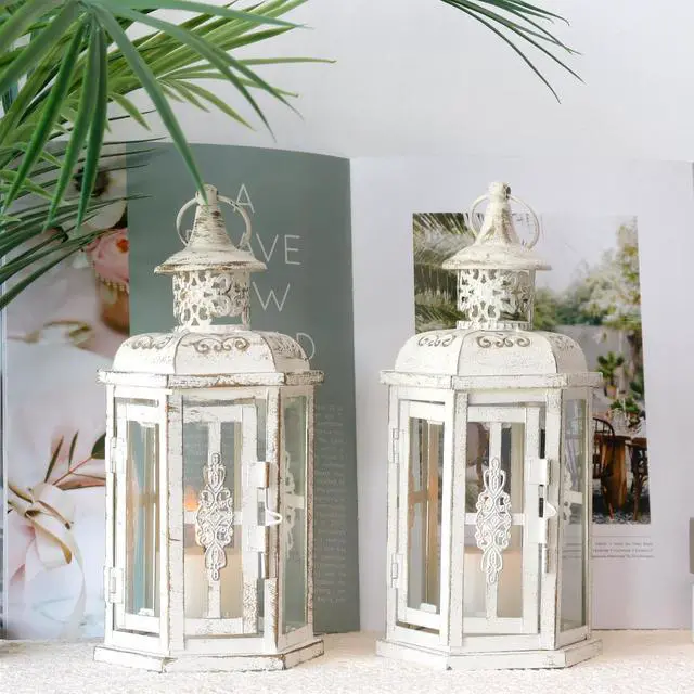Alt view image 6 of 7 - JHY DESIGN Set of 2 Decorative Lanterns -10inch High Vintage Style Hanging Lantern Metal Candleholder White with Gold Brush