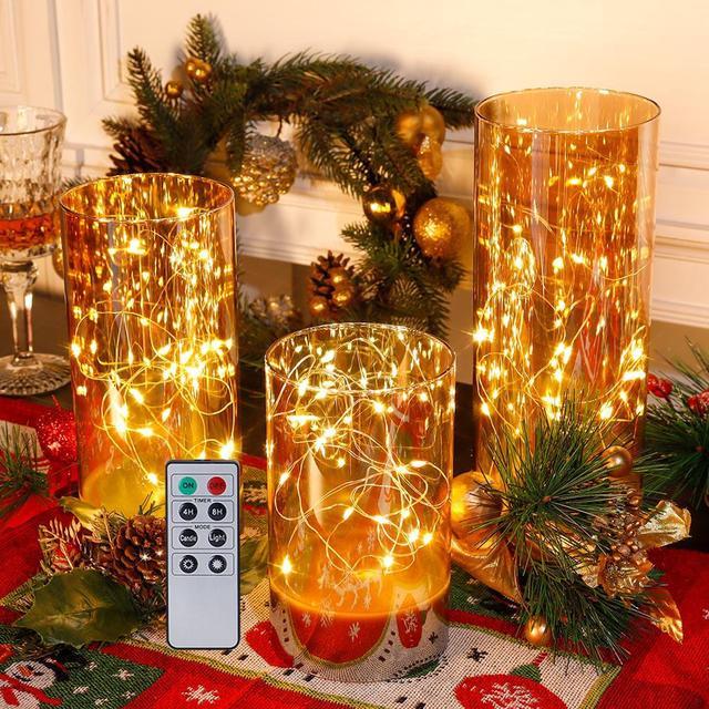 JHY DESIGN Set of 3 Battery Table Lamp 6 8 10inch High Glass Decorative Lights with Fairy String Lights Battery Powered 8 Key Remote Control for Home Party Wedding Indoor Outdoor Champagne Plated Newe...