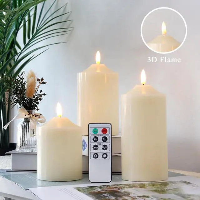 Alt view image 2 of 5 - JHY DESIGN 3D Flameless Candles Set 4/5/6inch High Real Wax Battery Candle Pillars Flickering LED Candles with 8-Key Remote Control Timers for Home Wedding Party Christmas Decoration (Set of 3)