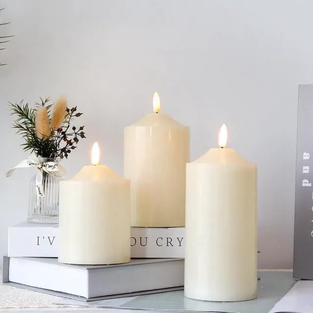 Alt view image 3 of 5 - JHY DESIGN 3D Flameless Candles Set 4/5/6inch High Real Wax Battery Candle Pillars Flickering LED Candles with 8-Key Remote Control Timers for Home Wedding Party Christmas Decoration (Set of 3)