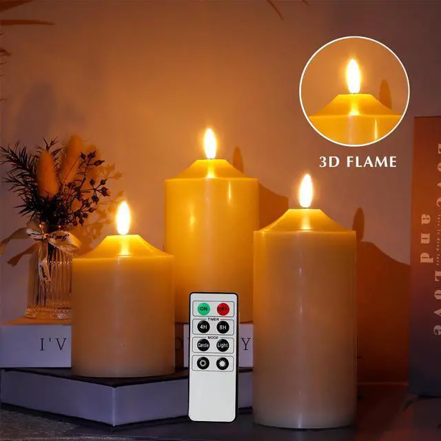Alt view image 4 of 5 - JHY DESIGN 3D Flameless Candles Set 4/5/6inch High Real Wax Battery Candle Pillars Flickering LED Candles with 8-Key Remote Control Timers for Home Wedding Party Christmas Decoration (Set of 3)