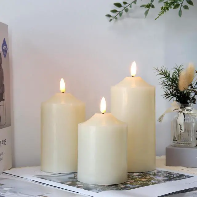 Alt view image 5 of 5 - JHY DESIGN 3D Flameless Candles Set 4/5/6inch High Real Wax Battery Candle Pillars Flickering LED Candles with 8-Key Remote Control Timers for Home Wedding Party Christmas Decoration (Set of 3)
