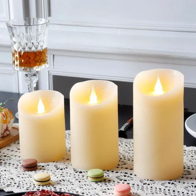 Alt view image 3 of 6 - JHY DESIGN Set of 3 Real Wax Flameless Candles 3D Effect LED Candles Flickering Battery Candles with 8-Key Remote Control Timer for Home Wedding Party Kitchen(Pivoted Flame-Shaped Tip)