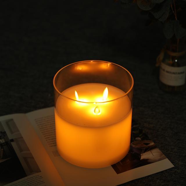 Alt view image 2 of 4 - JHY DESIGN Large 3-Wick Glass Flameless Candles 6''High Battery Operated Dancing Flame Flickering LED Pillar Candles with 6-Hour Timer Feature Moving Wick Large Candle for Home Wedding Party Festival