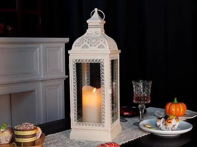 Alt view image 5 of 7 - Rustic Style Metal Candle Lantern 15.5'' High Decorative Hanging Lantern Candle Holder with Tempered Glass Perfect for Living Room Garden Yard Patio Parties Events Indoors Outdoors(White)