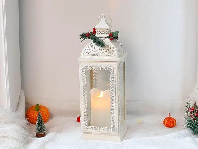 Alt view image 7 of 7 - Rustic Style Metal Candle Lantern 15.5'' High Decorative Hanging Lantern Candle Holder with Tempered Glass Perfect for Living Room Garden Yard Patio Parties Events Indoors Outdoors(White)
