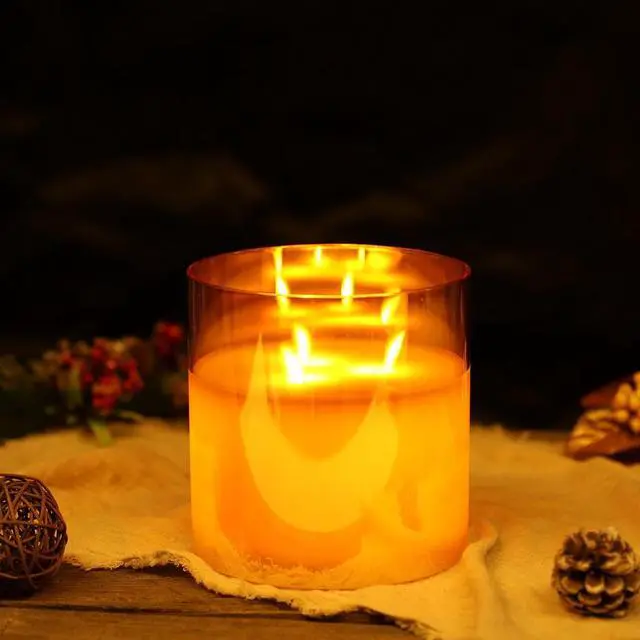 Alt view image 3 of 4 - JHY DESIGN Large Moving 3 Wicks Battery Candle with 6-Hour Timer Function, 6''Dia Flameless Candle Battery Powered, Simulation 3D Glass LED Candle for Party Living Room Xmas Festive Table Bar(Gold