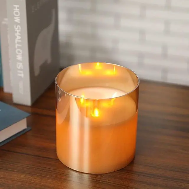 Alt view image 4 of 4 - JHY DESIGN Large Moving 3 Wicks Battery Candle with 6-Hour Timer Function, 6''Dia Flameless Candle Battery Powered, Simulation 3D Glass LED Candle for Party Living Room Xmas Festive Table Bar(Gold