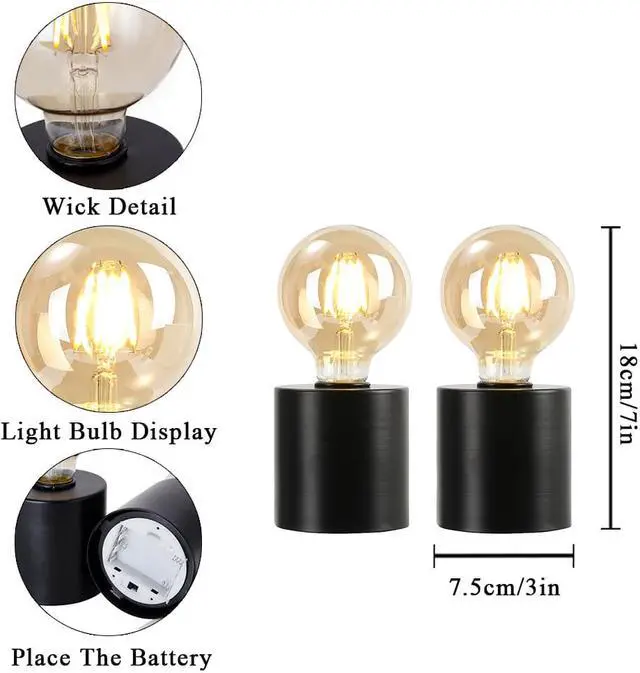 Alt view image 5 of 5 - JHY DESIGN Set of 2 Black Table Lamp Battery Powered 7" Tall Cordless Lamp Light with Edison Style Bulb Battery Operated Great for Living Room Bedroom Weddings Parties Patio Events Indoors Outdoors