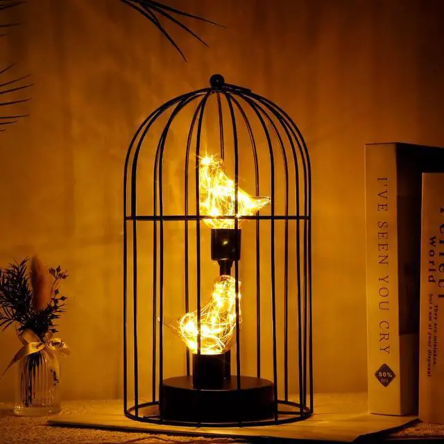 Alt view image 6 of 6 - JHY DESIGN Birdcage Decorative Lamp Battery Operated 12" Tall Cordless Accent Light with Warm White Fairy Lights Bird Bulb for Living Room Bedroom Kitchen Wedding Xmas(Black)