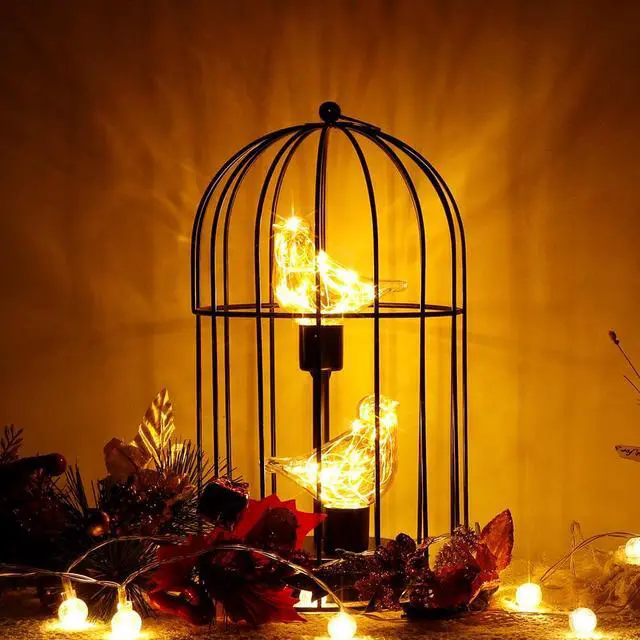 Alt view image 4 of 6 - JHY DESIGN Birdcage Decorative Lamp Battery Operated 12" Tall Cordless Accent Light with Warm White Fairy Lights Bird Bulb for Living Room Bedroom Kitchen Wedding Xmas(Black)