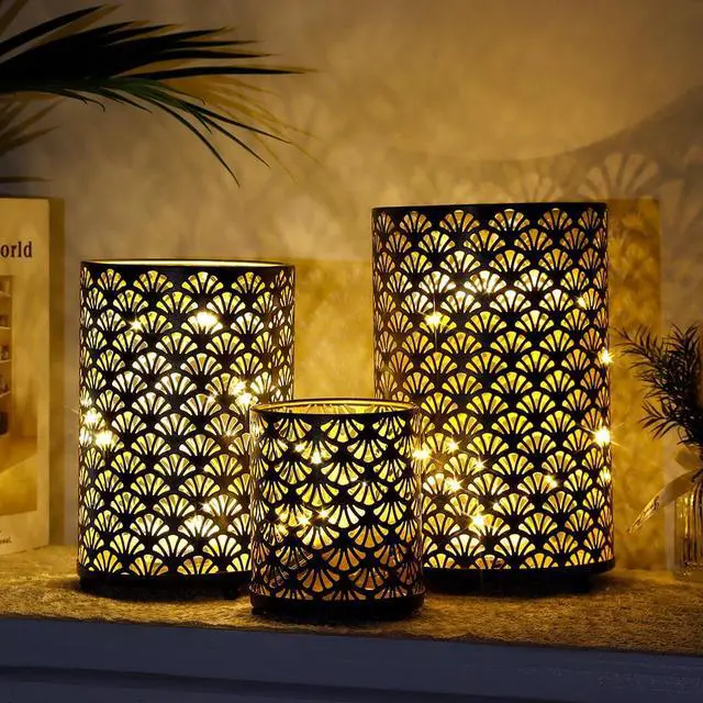 Alt view image 6 of 6 - JHY DESIGN Set of 3 Metal Candle Holders Bronze Hurricane Pillar Candleholder Vintage Table Candlestick Holders Great Centerpieces for Home Decor Wedding Parties Events
