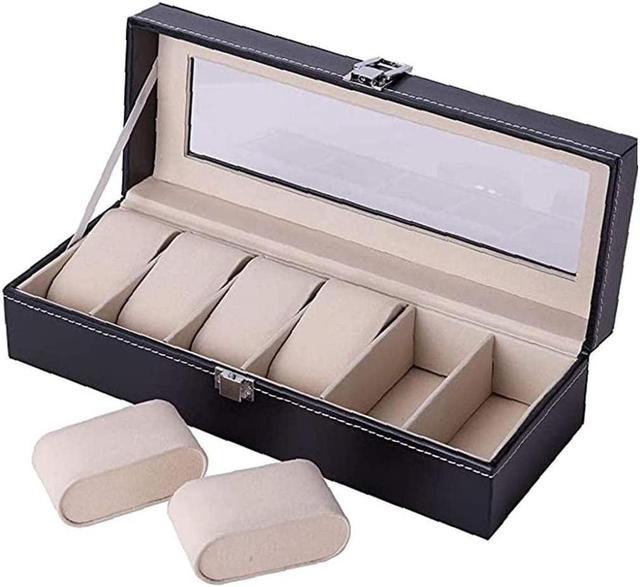 Modern 6-Slot Wooden Watch Box with Metal Clip and Real Glass Black