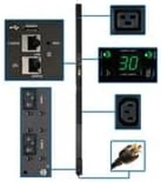 Alt view image 9 of 12 - Tripp Lite 5 / 5.8 kW Single-Phase Monitored PDU, LX Interface, 208 / 240V Outlets (36 x C13 / 6 x C19), L6-30P, 10.0 Feet Cord, 0U Height, TAA (PDUMNV30HV2LX)