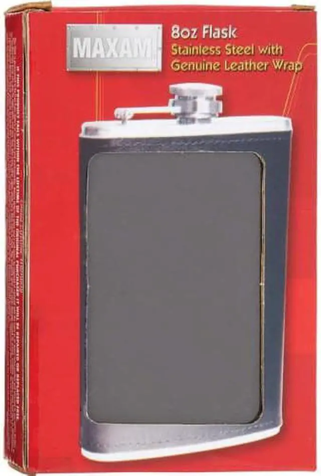 Alt view image 5 of 5 - Maxam  8oz Stainless Steel Flask with Solid Genuine Leather Wrap