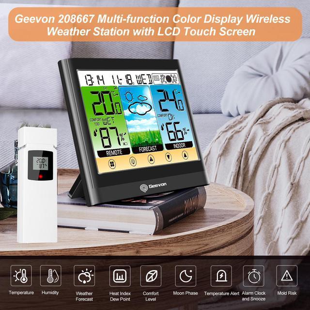 Alt view image 2 of 7 - Geevon Weather Station Wireless Indoor Outdoor Thermometer Hygrometer, Color LCD Display Digital Temperature Humidity Monitor with Alarm Clock, USB Charging, Adjustable Backlight
