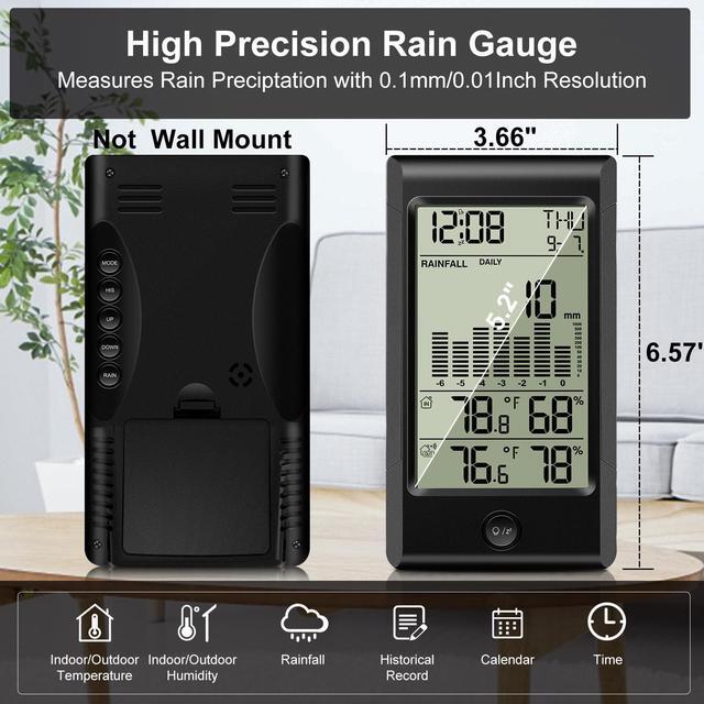 Alt view image 2 of 7 - Geevon Wireless Rain Gauge,9 in 1 Self-Emptying Rain Collector Monitoring Rainfall and Indoor/Outdoor Temperature & Humidity with Backlit Weather Station(Updated Version)