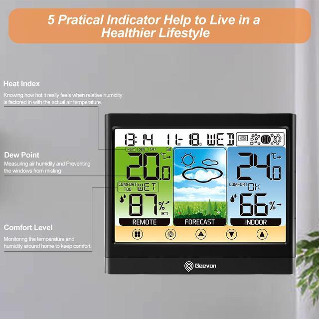 Alt view image 5 of 7 - Geevon Weather Station Wireless Indoor Outdoor Thermometer Hygrometer, Color LCD Display Digital Temperature Humidity Monitor with Alarm Clock, USB Charging, Adjustable Backlight