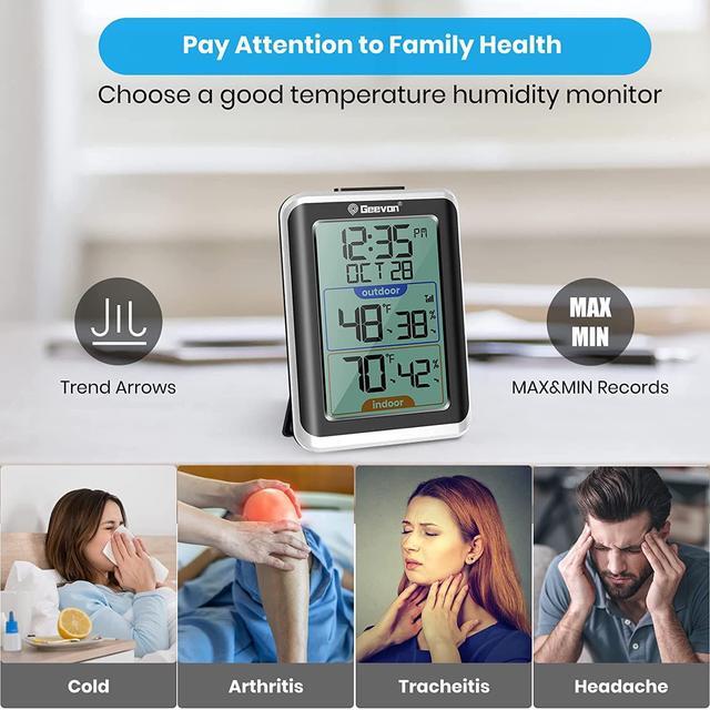Alt view image 6 of 7 - GEEVON Indoor Outdoor Thermometer Wireless Digital Hygrometer Temperature Gauge with Time,200ft/60m Range Temperature Humidity Sensor