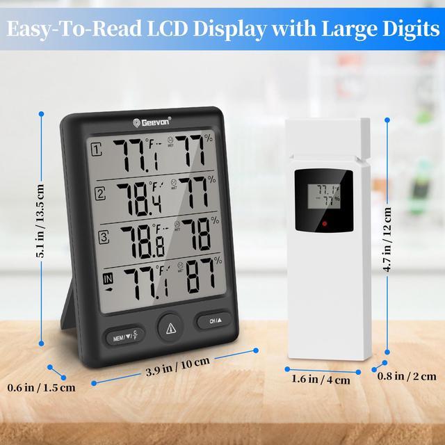 Alt view image 3 of 6 - Geevon Indoor Outdoor Thermometer Wireless Digital Hygrometer Temperature Weather Station Temperature Humidity With 3 Channels