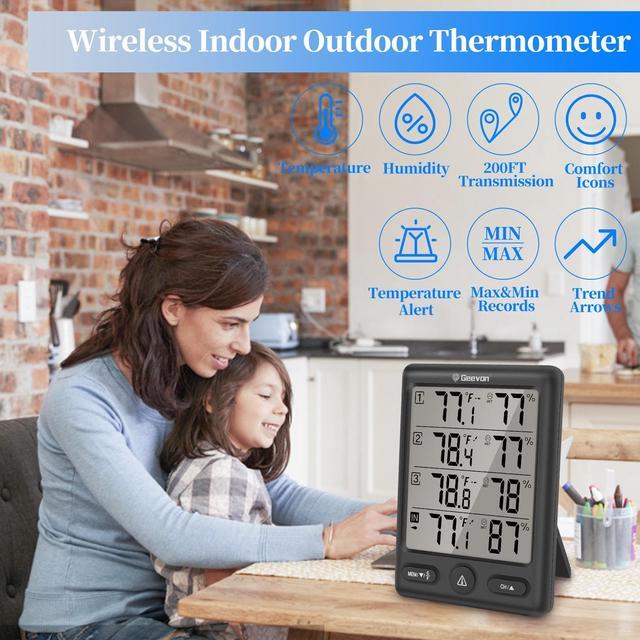 Alt view image 2 of 6 - Geevon Indoor Outdoor Thermometer Wireless Digital Hygrometer Temperature Weather Station Temperature Humidity With 3 Channels
